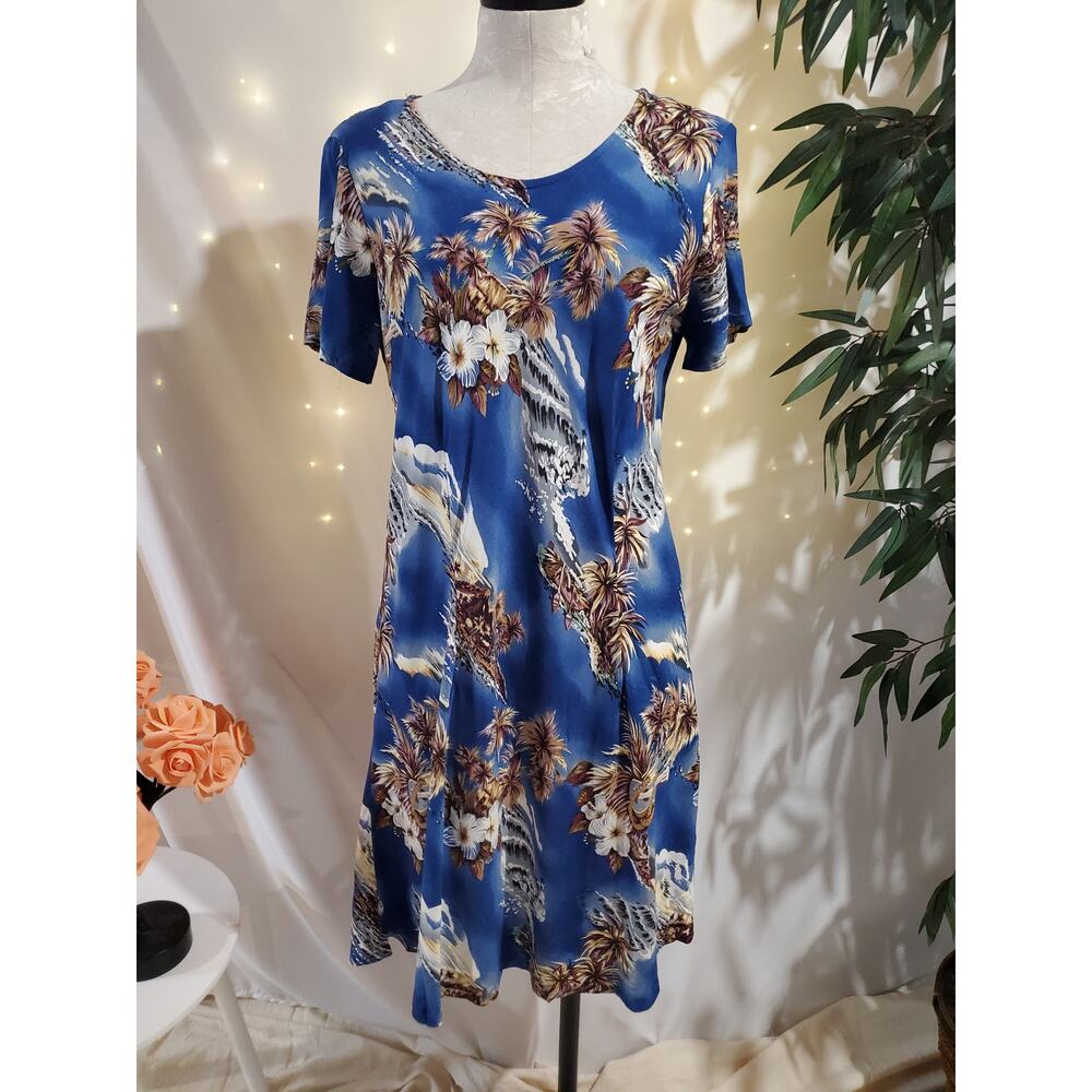 Vtg Hilo Hattie Hawaiian Tropical Floral Ukelele Dress Size M Palm Tiki Luau 90s